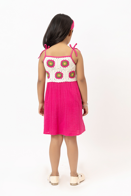 Sunbeam Twirl Pink – Double Gauze Cotton Crochet Panel Dress