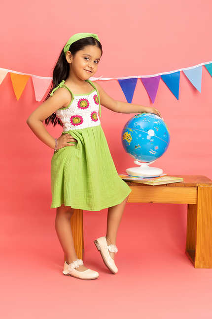 Sunbeam Twirl Lime – Double Gauze Cotton Crochet Panel Dress