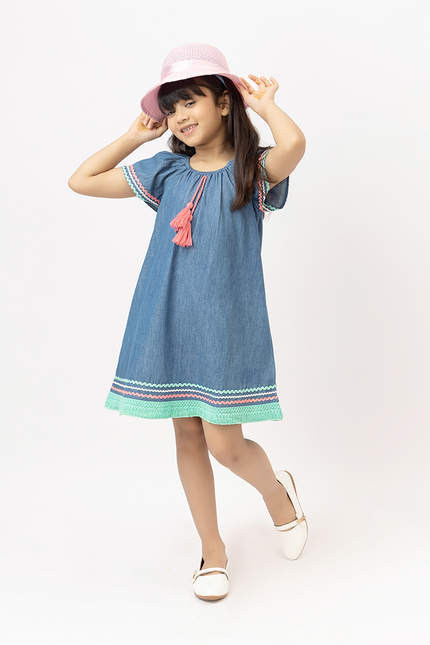Denim Delight – Soft Denim Dress With Colourful Lace