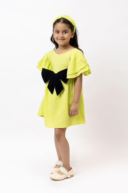 Flitter Flutter Lime -  Double Gauze Cotton Dress Velvet Bow