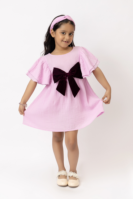 Flitter Flutter Lilac – Double Gauze Cotton Dress Velvet Bow