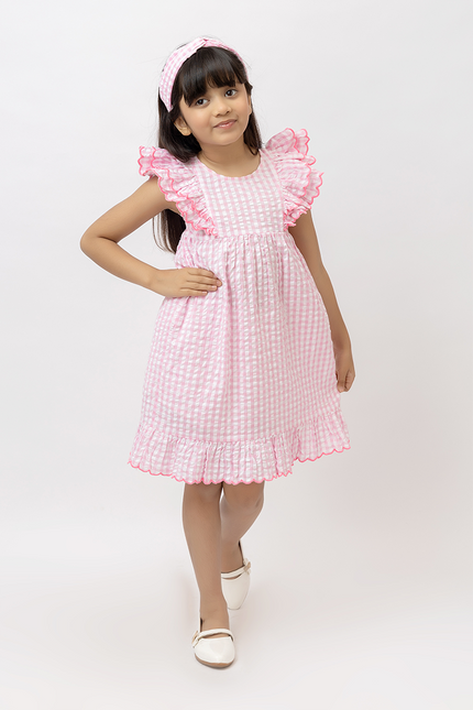 Holiday Ruffles – Pink Cotton Seersucker Scalloped Dress