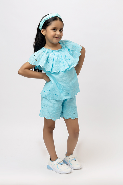 Joyful Schiffli - Aqua Blue Cotton Co-ord Set