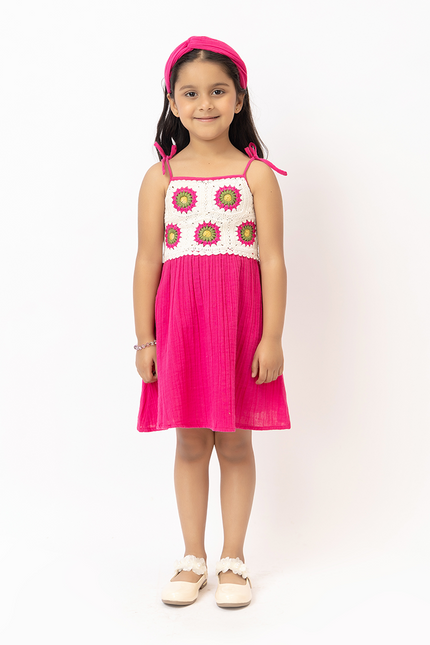 Sunbeam Twirl Pink – Double Gauze Cotton Crochet Panel Dress