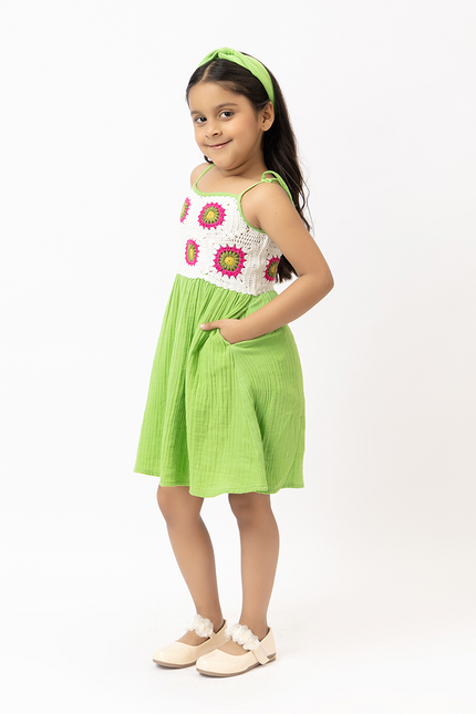 Sunbeam Twirl Lime – Double Gauze Cotton Crochet Panel Dress
