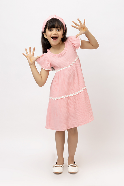 Petal Pop - Pink Cotton Double Gauze Dress With Lace