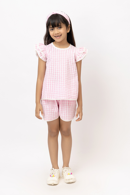 Ruffle Rush Pink Checks- Cotton Seersucker Lace Co-Ord Set