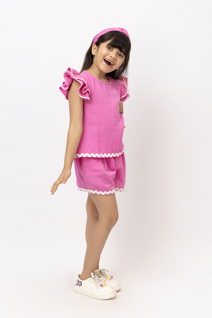 Ruffle Rush Pink Double Gauze Cotton Lace Co-ord Set