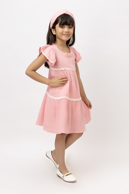 Petal Pop - Pink Cotton Double Gauze Dress With Lace