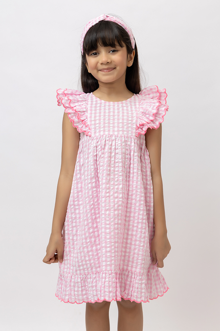 Holiday Ruffles – Pink Cotton Seersucker Scalloped Dress