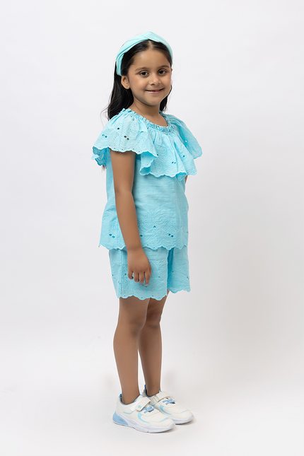 Joyful Schiffli - Aqua Blue Cotton Co-ord Set