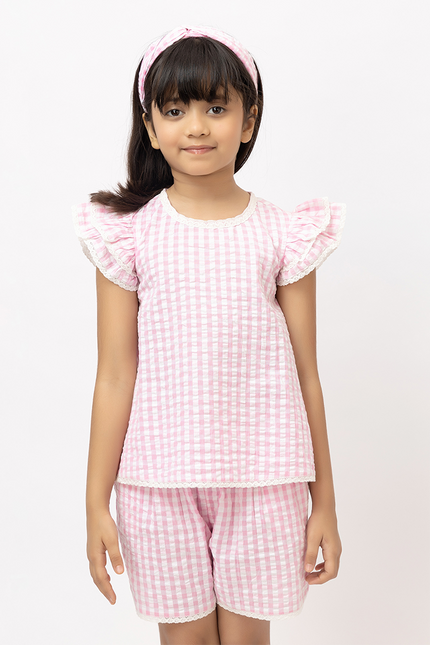 Ruffle Rush Pink Checks- Cotton Seersucker Lace Co-Ord Set