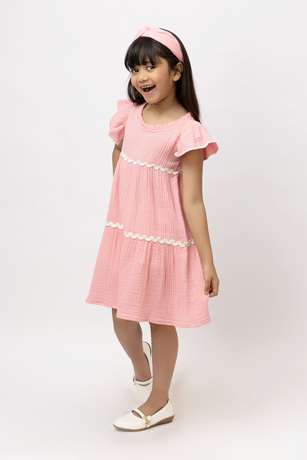 Petal Pop - Pink Cotton Double Gauze Dress With Lace