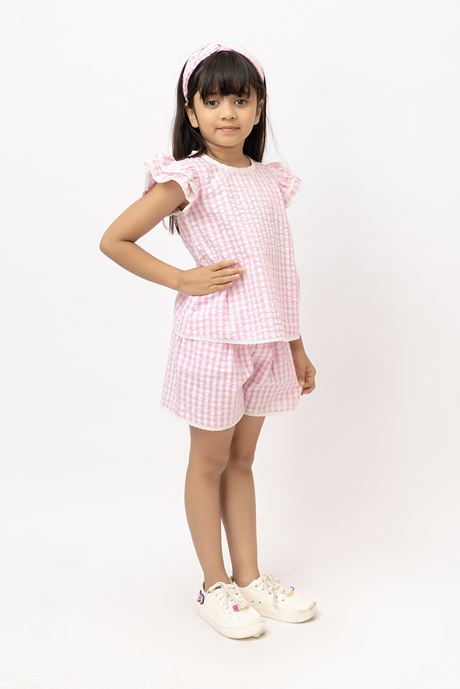 Ruffle Rush Pink Cotton Seersucker - Top With Lace