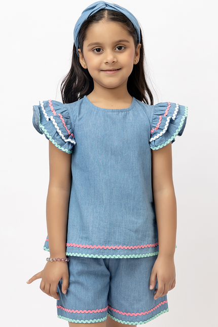 Ruffle Rush Cotton Denim -Top With Lace