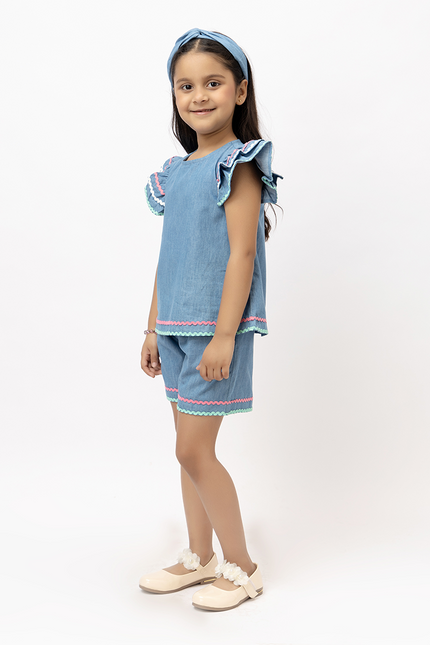 Ruffle Rush Cotton Denim -Top With Lace