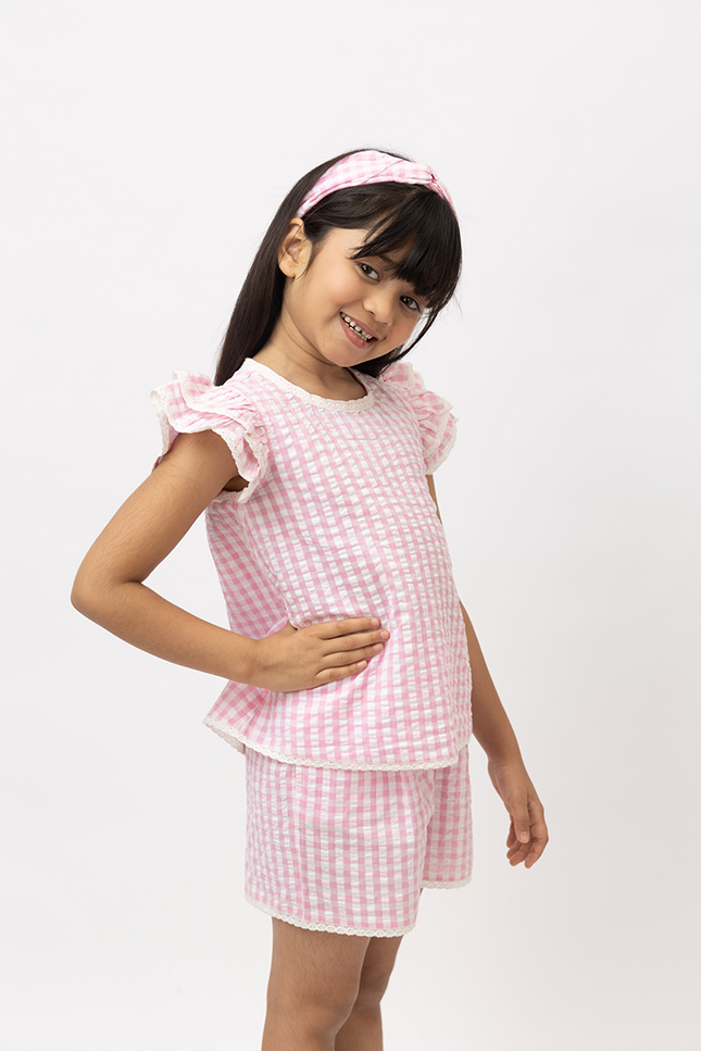 Ruffle Rush Pink Cotton Seersucker - Top With Lace