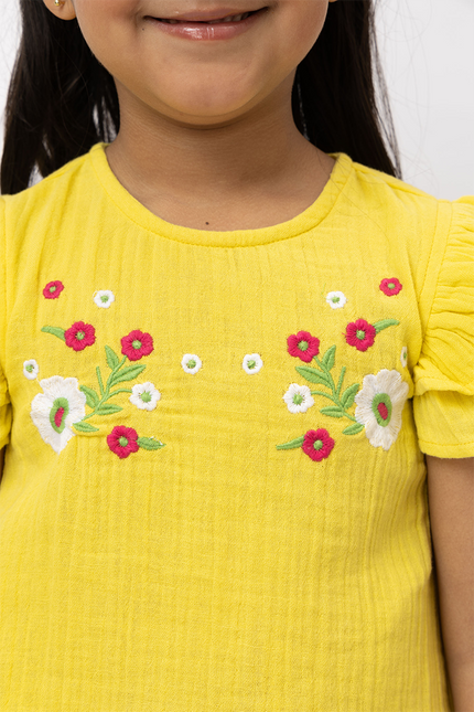 Ruffle Rush Yellow Double Gauze Cotton - Top With Embroidery