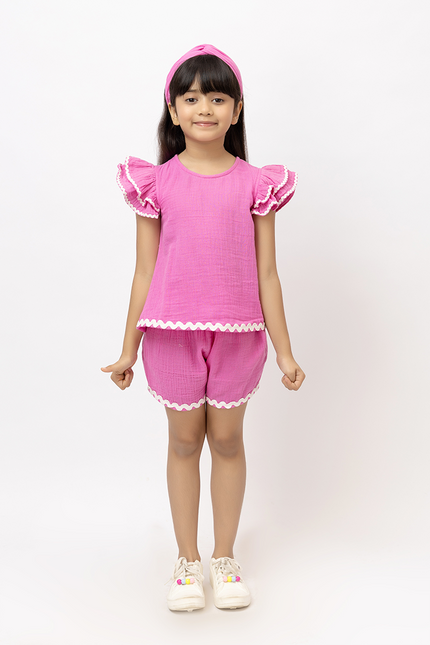 Ruffle Rush Pink Double Gauze Cotton - Top With Lace