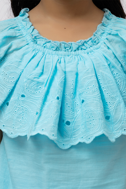 Joyful Schiffli Aqua Blue Cotton - Top