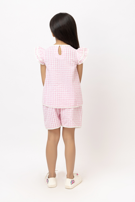 Ruffle Rush Pink Cotton Seersucker - Top With Lace