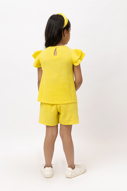 Ruffle Rush Yellow Double Gauze Cotton - Top With Embroidery