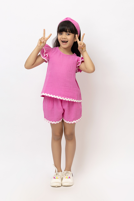 Ruffle Rush Pink Double Gauze Cotton - Top With Lace