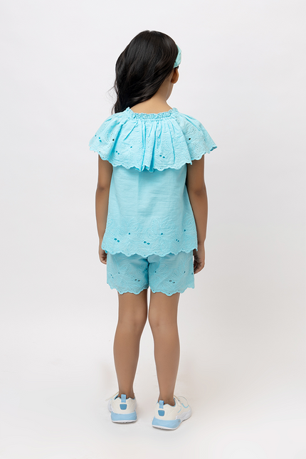 Joyful Schiffli Aqua Blue Cotton - Top