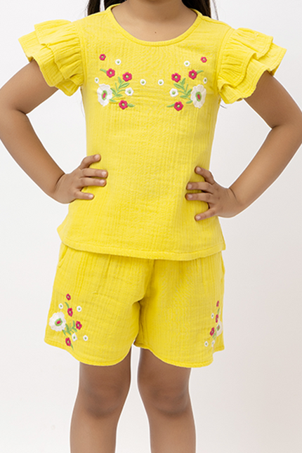 Ruffle Rush Yellow Double Gauze Cotton Embroidery - Shorts