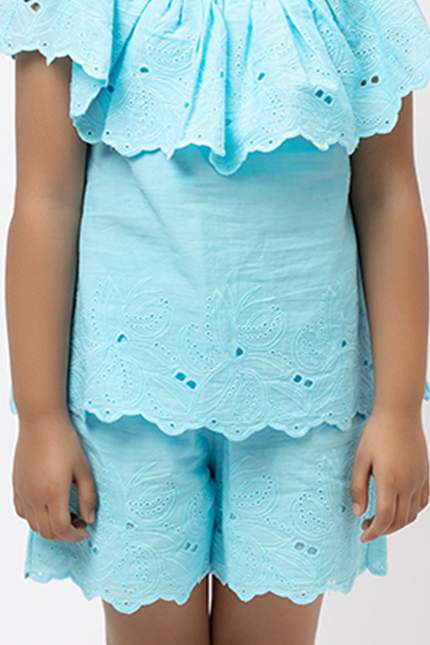 Joyful Schiffli Aqua Blue Cotton - Shorts