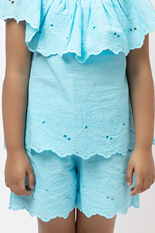 Joyful Schiffli Aqua Blue Cotton - Shorts