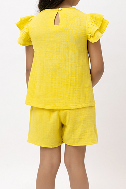 Ruffle Rush Yellow Double Gauze Cotton Embroidery - Shorts