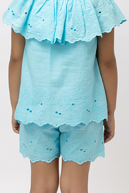Joyful Schiffli Aqua Blue Cotton - Shorts